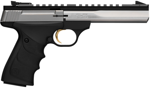 Browning 051507490 Buck Mark Contour 22 LR 10+1, 5.50" Polished Flats Contoured Barrel, Matte Stainless Serrated w/Picatinny Rail Slide, Matte Black Anodized Frame, Black URX Grip, Ambidextrous       