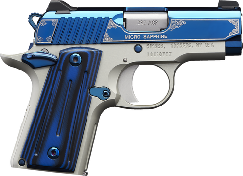 Kimber Mfg.,inc 3300090 Micro Sapphire NS 380 ACP 7+1 2.75" Polished Bright Blue PVD Coating Cut Scroll Engraving and Border Stainless Steel Thin blue/black ball-milled G-10 Grip                      
