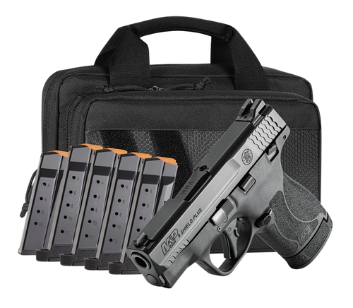 Smith & Wesson 14750 M&P Shield Plus Bundle Micro-Compact 9mm Luger 13+1, 3.10" Black Armornite Stainless Steel Barrel & Serrated Slide, Matte Black Polymer Frame,  Thumb Safety, 6 Mags & Bag         