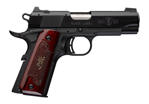 Browning 051070490 1911 Black Label Medallion Compact 22 LR 10+1 3.63" Matte Stainless Barrel, Black Anodized Aluminum Serrated Slide, Matte Black Polymer Frame w/Beavertail, Rosewood w/Gold BuckMark 