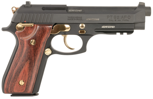 Taurus 1-920151GLD-HW1 92  Full Size Frame 9mm 17+1 5" Matte Black Stainless Steel Barrel, Matte Black Serrated Alloy Steel Slide, Matte Black w/Gold Accents Aluminum Frame w/Picatinny Rail, Wood Grip