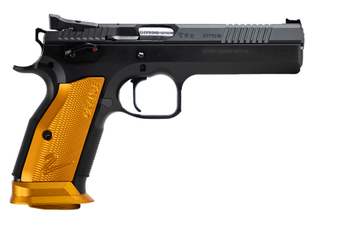CZ-USA 91265 TS2  40 S&W 17+1 5.20" Black Bull Barrel, Black Slide, Black Polycoat Frame, Orange Checkered Aluminum Grip                                                                                