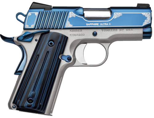 Kimber Mfg, Inc 3200273 Ultra II  9mm Luger 8+1 3" Stainless Match Grade Barrel, Engraved Sapphire Blue PVD Serrated Stainless Steel Slide, Satin Silver Aluminum Frame w/Beavertail, G10 Grip          