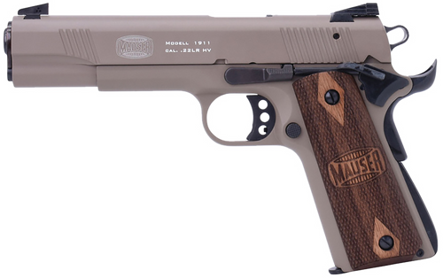 Mauser Rimfire 4110604 1911  22 LR 10+1 5" Black Steel Barrel, Tan Serrated Aluminum Slide, Tan Aluminum Frame w/Beavertail, Walnut Grip, Ambidextrous                                                  