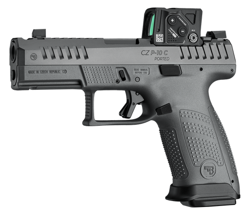 CZ-USA 01582 P-10 C w/Optic Compact Frame 9mm Luger 10+1 4" Black Nitride Integral Compensator Barrel, Black Nitride Steel Serrated w/Optic Slide, Black Polymer Frame w/Accessory Rail Textured Grip, A