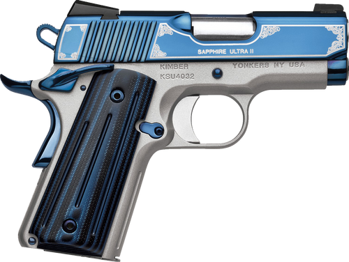 Kimber Mfg, Inc 3200362 Ultra II  45 ACP 7+1 3" Stainless Match Grade Barrel, Engraved Sapphire Blue PVD Serrated Stainless Steel Slide, Satin Silver Aluminum Frame w/Beavertail, G10 Grip             