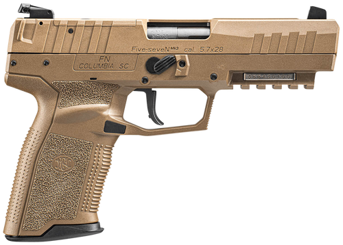 FN 66101277 Five-seveN MRD 5.7x28mm 10+1 4.80" Black Steel Barrel, Flat Dark Earth Optic Cut/Serrated Steel Slide & Polymer Frame w/Picatinny Rail, FDE Textured Polymer Grip, Ambidextrous             
