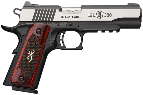 Browning 051971492 1911 Black Label Medallion Pro 380 ACP 8+1 4.25" Target Crown Barrel, Blackened w/Silver Polished Flats Serrated SS Slide, Matte Black Polymer Frame w/Beavertail & Picatinny Rail   
