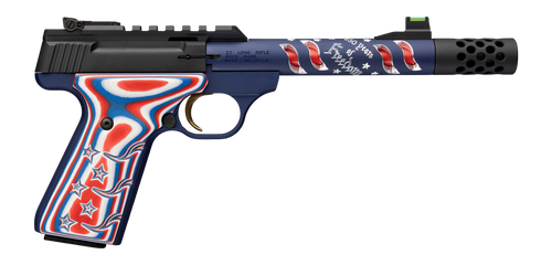 Browning 051615490 Buck Mark Freedom 250 SR 22 LR 10+1 5.90" Waving Flag Threaded Barrel, Blue Anodized Serrated w/Picatinny Rail  Aluminum Receiver, Red/White/Blue G10 Grip                           