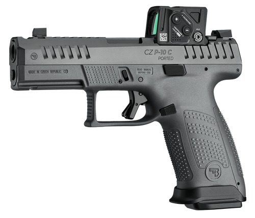 CZ-USA 91582 P-10 C  Compact 9mm Luger 15+1 4" Black Nitride Integral Compensator Barrel, Black Nitride Steel Serrated w/Optic Slide, Black Polymer Frame w/Accessory Rail Textured Grip, Aimpoint COA 3