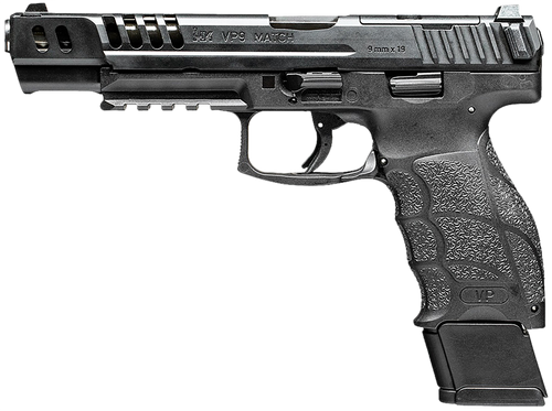 HK 81000935 VP9 Match 9mm Luger 15+1 5.51" Polygonal Rifled Barrel, Black Optic Ready/Serrated w/Ports Slide & Frame w/Picatinny Rail, Black Finger Grooved Polymer Grips, Ambidextrous                 