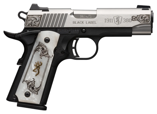 Browning 051967492 1911 Black Label Medallion Compact 380 ACP 8+1 3.63" Matte Stainless Stainless Steel Barrel & Serrated Slide, Matte Black Polymer Frame w/Beavertail, White Imitation Pearl Grip     
