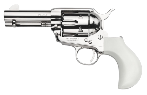 Taylors & Company 200111 1873 Flat Top Pietta 9mm Luger 6 Shot 3.50" Nickel Round Barrel, Cylinder & Steel Frame, PVC White Flat Birdshead Grip, Exposed Hammer                                         