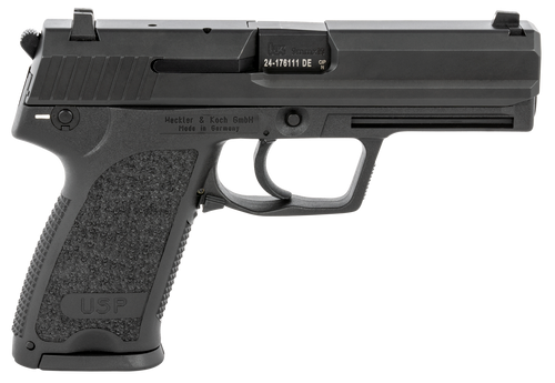 HK 81000309 USP V1 SA/DA 9mm Luger Caliber with 4.25" Barrel, 10+1 Capacity, Overall Black Finish, Serrated Trigger Guard Frame, Serrated Steel Slide & Polymer Grip Includes 2 Mags                    