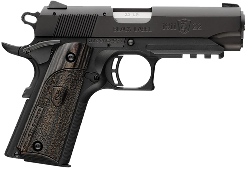 Browning 051817490 1911 Black Label Compact Frame 22 LR 10+1, 3.63" Stainless Steel Barrel, Matte Black Serrated Slide & Polymer Frame w/Beavertail & Picatinny Rail, Black Laminate Stippled Grip      