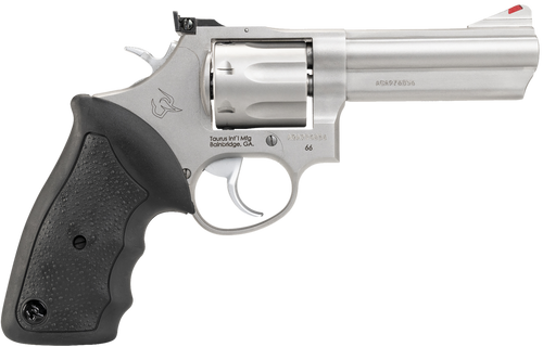 Taurus 2-660049 66  Medium 357 Mag/38 Special +P 7 Shot 4" Matte Stainless Steel Barrel, Cylinder & Frame, Black Finger Grooved Rubber Grip, Transfer Bar Safety, Exposed Hammer                        