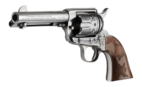 Pietta PFI45CP434EW Cowpoke 45 Colt (Long Colt) 6 Shot 4.75" Nickel Barrel, Nickel Engraved Cylinder & Frame, Cowhide Walnut Engraved Grip, Exposed Hammer                                              