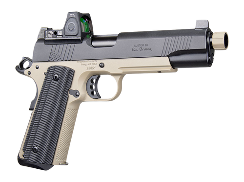 Ed Brown SFSOCM SOCOM Gen4 45 ACP 8+1 5" Black Nitride Threaded Barrel, Black Gen4 Serrated w/Optic Slide, Flat Dark Earth Steel Frame w/Accessory Rail, VZ Alien Grip, Trijicon RMR 3.25 MOA Red Dot Si