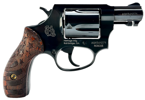 Heritage Mfg HR38B3-US1 Roscoe  Small 38 Special +P 5 Shot 3" Black Polished Alloy Steel Barrel, Cylinder & Frame, Custom Designed Wood Grip w/Stars & Stripes, Transfer Bar Safety, Exposed Hammer     