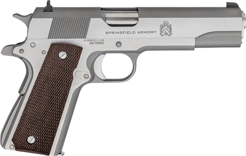 Springfield Armory PBD9151L 1911 Mil-Spec Defend Your Legacy 45 ACP 7+1, 5" Stainless Steel Match Grade Barrel, Stainless Serrated Slide, Stainless Steel Frame w/Beavertail, Checkered Wood Grip       
