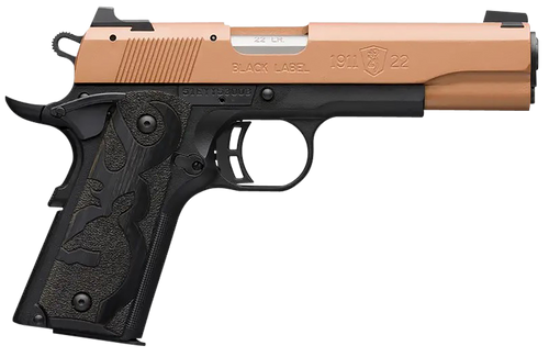 Browning 051895490 1911 Black Label Full Size Frame 22 LR 10+1, 4.25" Matte Stainless Steel Barrel, Copper Cerakote Serrated Slide, Matte Black Polymer Frame w/Beavertail, Black Laminate Wood Grip    