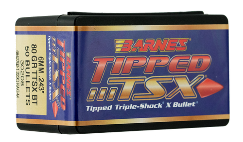 Barnes Bullets 30208 Tipped TSX  6mm 80gr Boat Tail 50/Box                                                                                                                                              