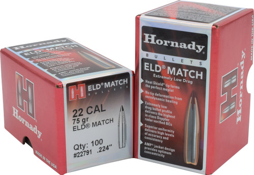 Hornady 22791 ELD Match  22 Cal .224 75 gr Extremely Low Drag Match 100 Per Box/ 25 Case                                                                                                                