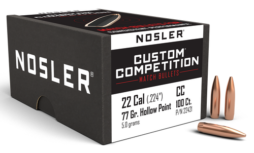 Nosler 22421 Custom Competition 22Cal 77gr Hollow Point Boat Tail 100/Box                                                                                                                               