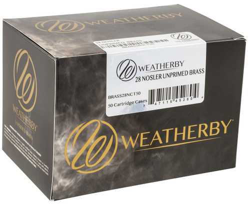 Weatherby BRASS28NCT50 Unprimed Cases  28Nosler Rifle Brass 50/Box                                                                                                                                      
