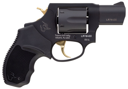 Taurus 2-856021ULGLD 856 Ultra-Lite 38 Special Caliber with 2"  Barrel, 6rd Capacity Cylinder, Overall Matte Black Metal Finish, Gold Trigger/Hammer Frame & Finger Grooved Black Rubber Grip           