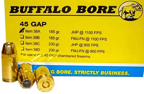 Buffalo Bore Ammunition 38A20 Personal Defense Strictly Business 45GAP 185gr Jacket Hollow Point 20 Per Box/12 Case                                                                                     