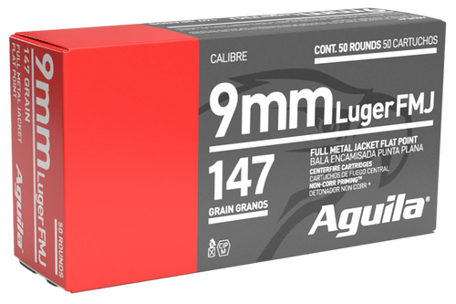 Aguila 1E097719   9mm Luger 147gr Full Metal Jacket Flat Point 50 Per Box/20 Case                                                                                                                       