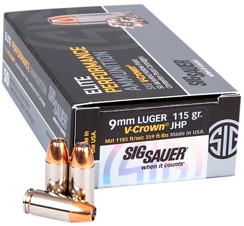 Sig Sauer E9MMA1COMP50 Match Elite Competition  9mmLuger 115gr V-Crown Jacketed Hollow Point 50 Per Box/20 Case                                                                                         