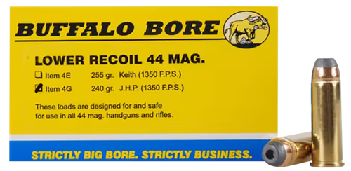 Buffalo Bore Ammunition 4G20 Low Recoil Strictly Business 44Rem Mag 240gr Jacket Hollow Point 20 Per Box/12 Case                                                                                        