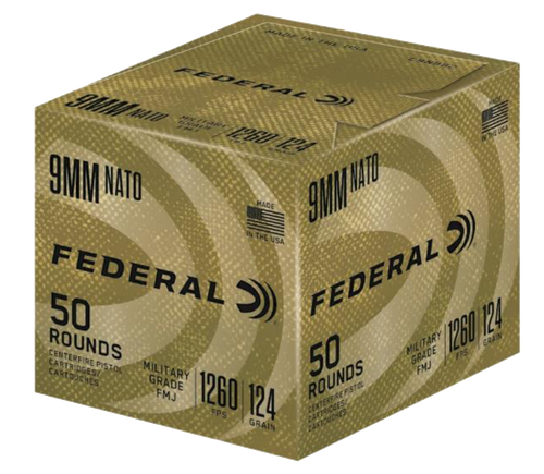 Federal C9N882 Military Grade  9mmLuger 124gr Full Metal Jacket 50 Per Box/10 Case                                                                                                                      