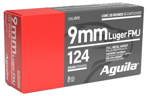 Aguila 1E092110   9mm Luger 124gr Full Metal Jacket 50 Per Box/20 Case                                                                                                                                  