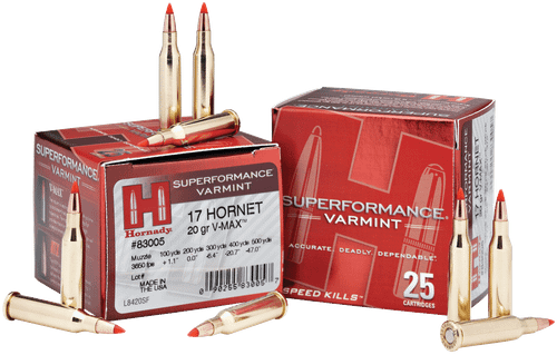 Hornady 83005 Superformance Varmint  17Hornet 20gr Hornady V Max 25 Per Box/10 Case                                                                                                                     