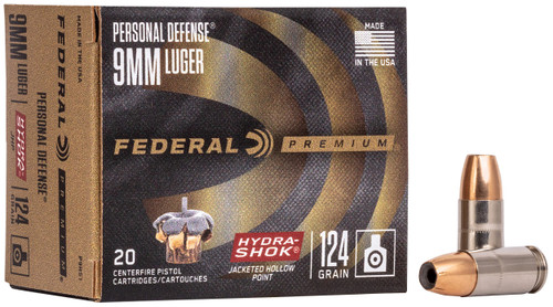 Federal P9HS1 Premium Personal Defense 9mmLuger 124gr Hydra-Shok Jacketed Hollow Point 20 Per Box/25 Case                                                                                               