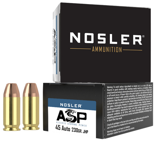 Nosler 51277 Assured Stopping Power Handgun 45ACP 230gr Jacketed Hollow Point 20 Per Box/20 Case                                                                                                        