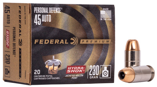 Federal P45HS1 Premium Personal Defense 45ACP 230gr Hydra-Shok Jacketed Hollow Point 20 Per Box/25 Case                                                                                                 