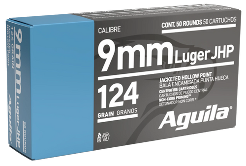 Aguila 1E092125   9mm Luger 124gr Jacketed Hollow Point 50 Per Box/10 Case                                                                                                                              