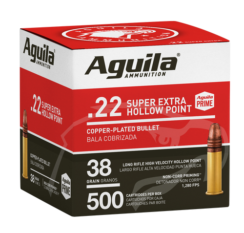Aguila 1B221118 Super Extra High Velocity 22LR 38gr Copper Plated Hollow Point 500 Per Box/4 Case                                                                                                       