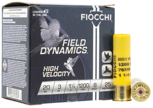 Fiocchi 203HV8 Field Dynamics High Velocity 20Gauge 3" 1 1/4oz 8Shot 25 Per Box/10 Case                                                                                                                 