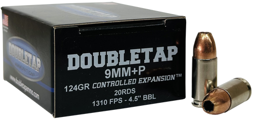 DoubleTap Ammunition 9MM124HP209mm+P Luger 124gr Controlled Expansion JHP 20 Per Box/50 Case                                                                                                            