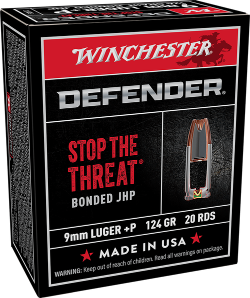 Winchester Ammo S9MMPDB Defender  9mmLuger+P 124gr Bonded Jacket Hollow Point 20 Per Box/10 Case                                                                                                        