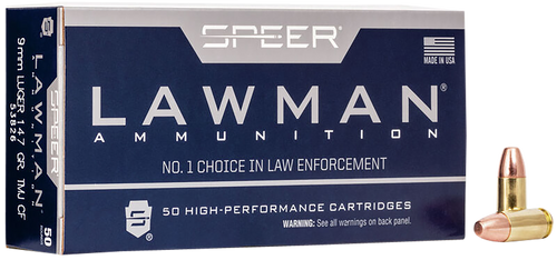 Speer 53826 Lawman Training Clean-Fire 9mmLuger 147gr Total Metal Jacket Flat Nose 50 Per Box/20 Case                                                                                                   
