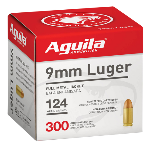 Aguila 1E092108   9mm Luger 124gr Full Metal Jacket 300 Per Box/4 Case                                                                                                                                  