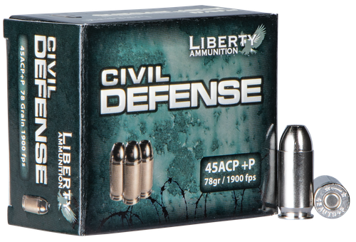 Liberty Ammunition LACD45013 Civil Defense  45ACP+P 78gr Lead Free Fragmenting Hollow Point 20 Per Box/50 Case                                                                                          