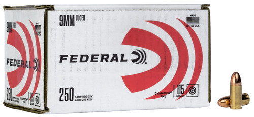 Federal C9115A250 Champion Training 9mmLuger 115gr Full Metal Jacket 250 Per Box/4 Case                                                                                                                 