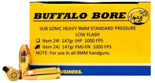 Buffalo Bore Ammunition 24J20 Subsonic Strictly Business 9mmLuger 147gr Full Metal Jacket Flat Nose 20 Per Box/12 Case                                                                                  
